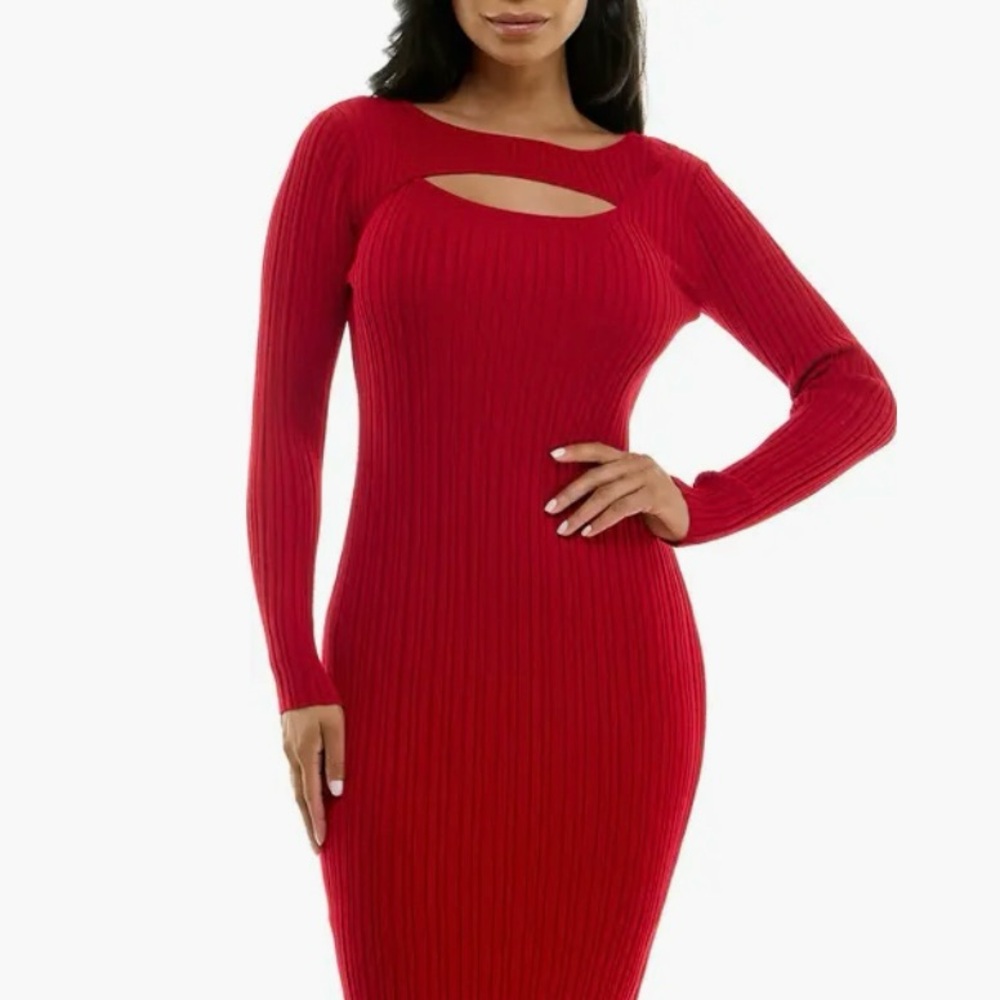 Nina Leonard Red Ribbed Cut-Out Midi Dress (Small)